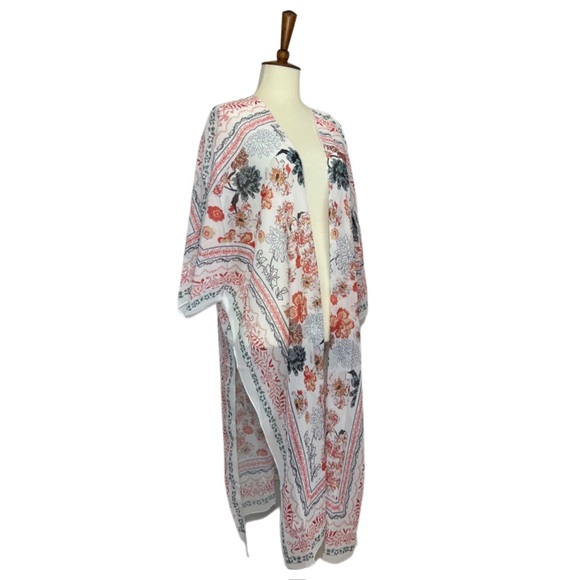 Boho Creamy White Floral Kimono Wrap Beach Coverup - Picture 10 of 16